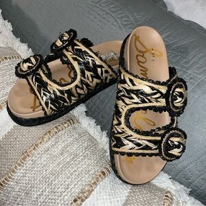 Sam Edelman Black and Natural Woven Buckle Slide Sandals